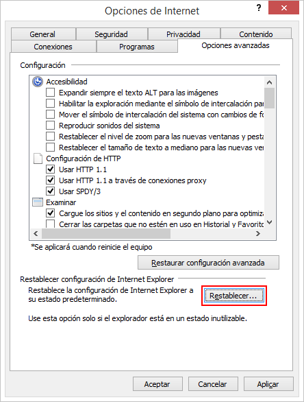 Restablecer Internet Explorer 2