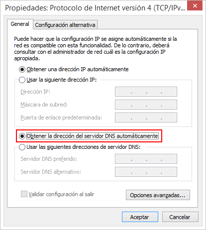 Obtener la dirección del servidor DNS automáticamente