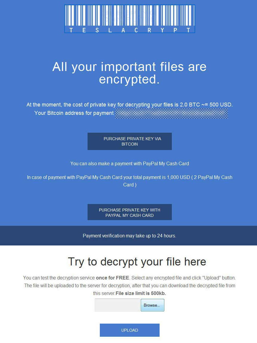 Ventana de proceso de pago de TeslaCrypt Ventana de proceso de pago de TeslaCrypt